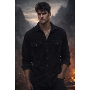 Vintage 90s Y2K Odo Mens Black Textured Button Down Shirt Long Sleeve Size Large